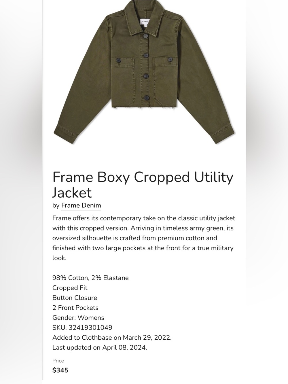 FRAME boxy cropped utility jacket size large